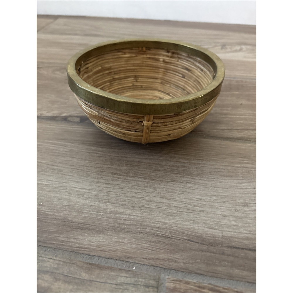 Vintage Med 6.5"MCM Italian Pencil Reed Rattan & Brass Basket Bowl, Crespi Style